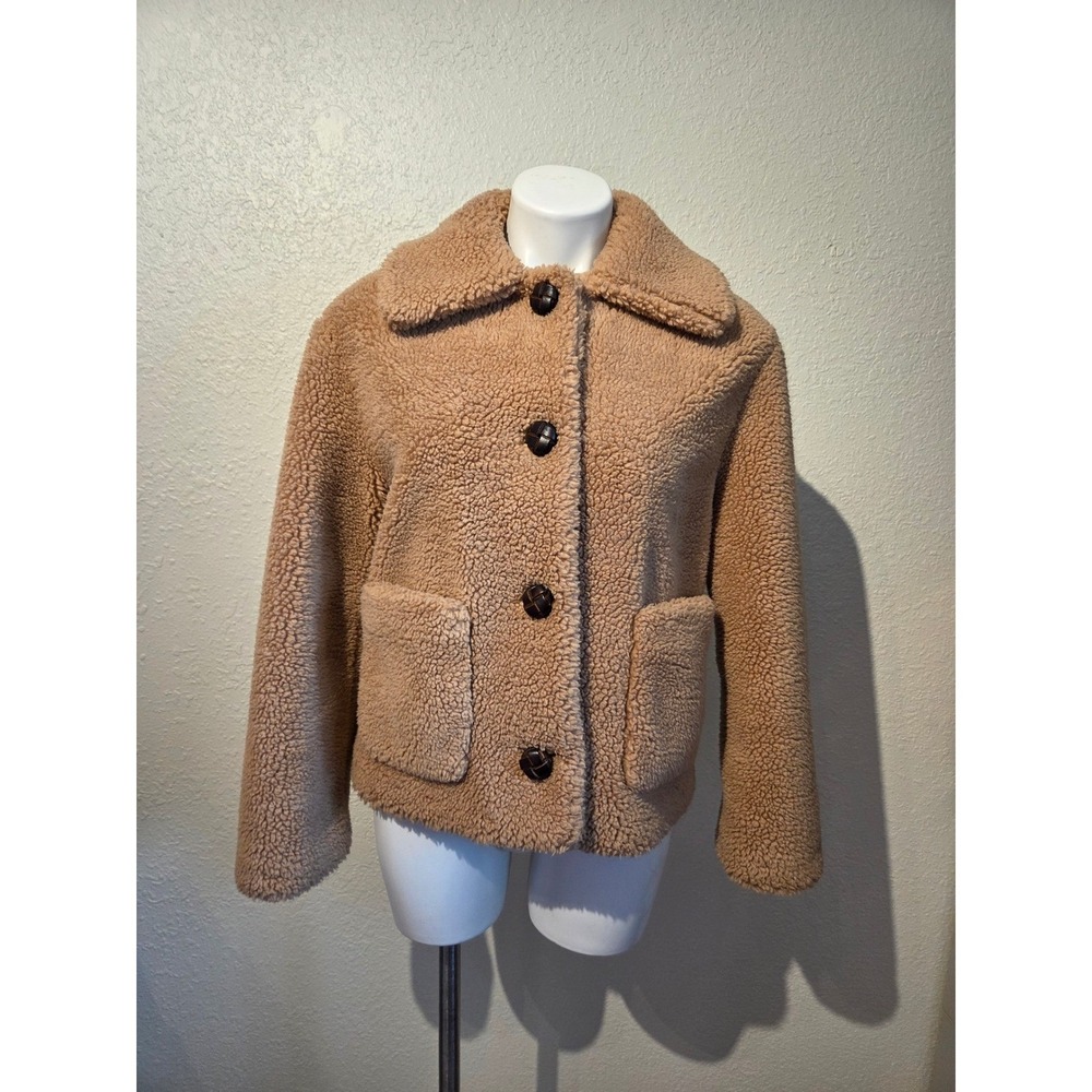 Zara Womens XS Teddy Faux Shearling‎ Jacket Camel Tan Sherpa Button Front Coat